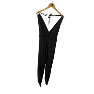 Sabora Women's Black Sheer High Slit Halter Jumpsuit - Large